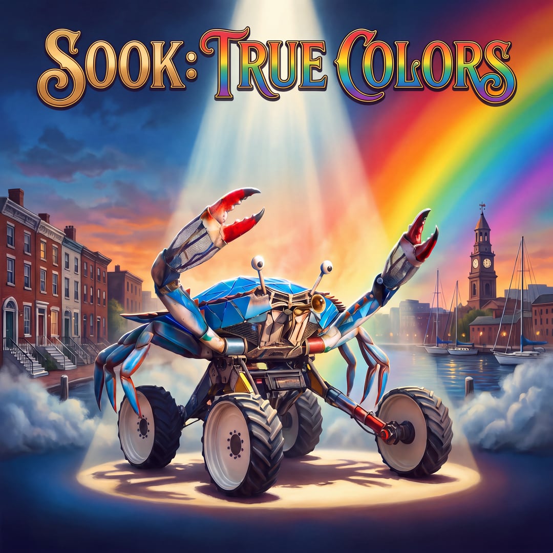 AI concept render: the album cover, SOOK the blue crab sculpture in a spotlight, claws raised, Baltimore rowhouses and the harbour behind her, the sky going from blue to orange to rainbow, under the title SOOK: True Colors.
