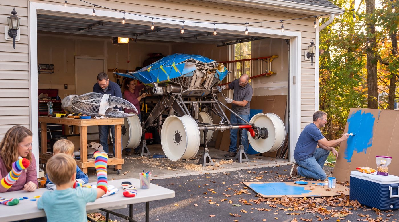 AI concept render: a build day in an open garage, grown-ups riveting SOOK's frame and painting a blue panel while kids paint at a table out front