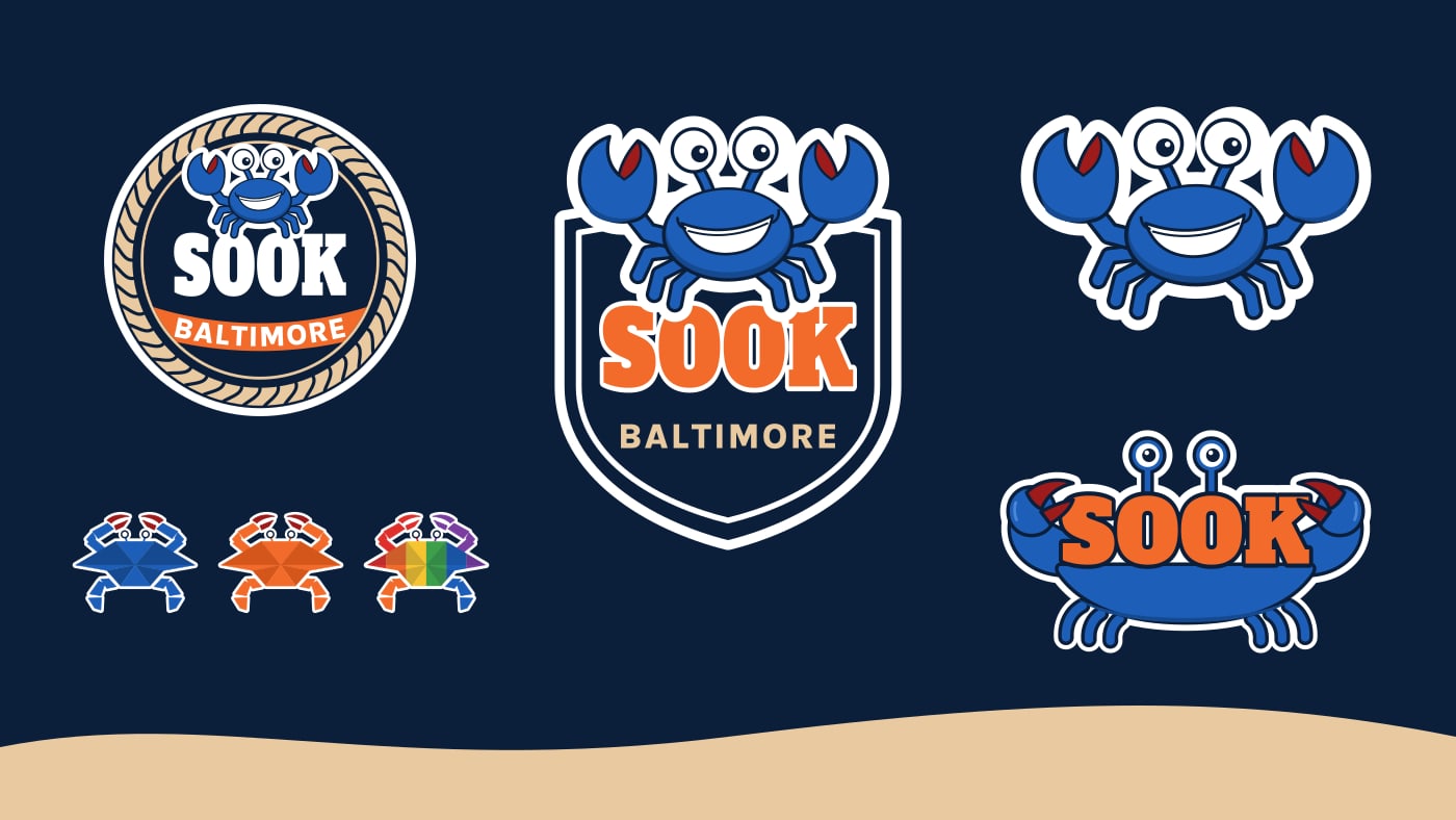 The new SOOK logos on navy: a shield badge with a grinning blue crab, a round rope badge, the crab mascot, the SOOK wordmark held in the crab's pincers, and a faceted crab icon in blue, orange and rainbow