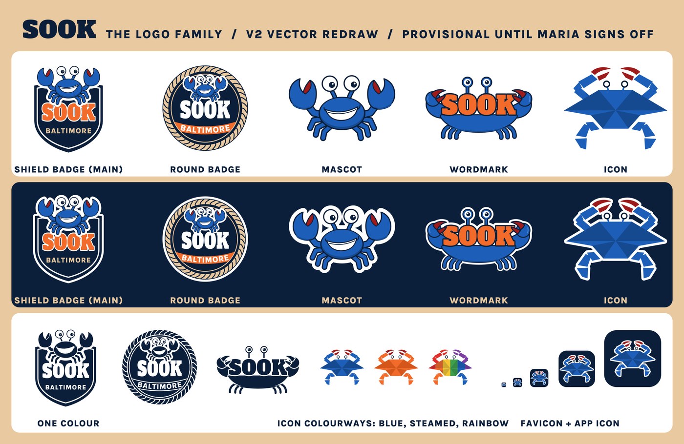The SOOK logo family on one sheet: each logo on white, on navy and in one colour, the crab icon in blue, steamed and rainbow, and the little browser-tab icon