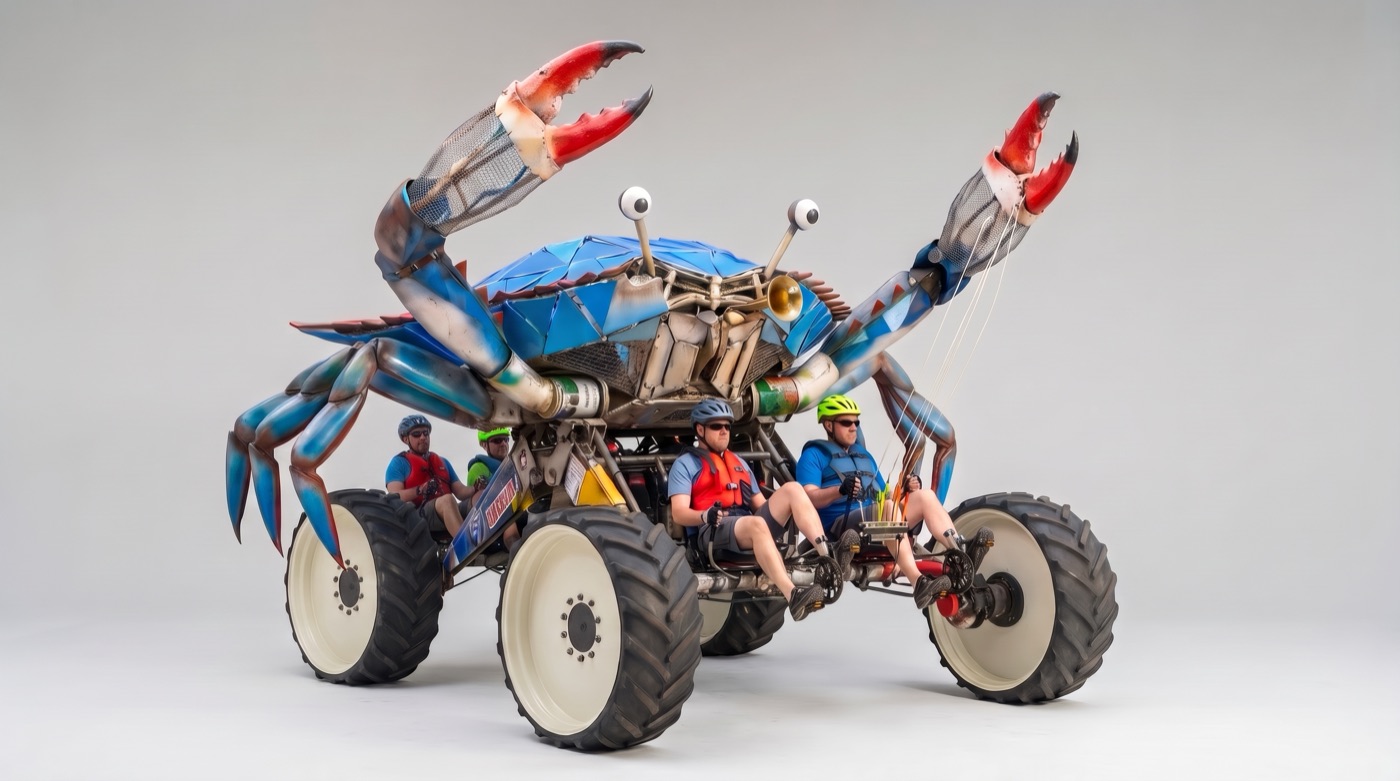 AI concept render: An early concept picture of a huge blue crab sculpture on four big tractor-tread wheels, with four pilots pedalling underneath