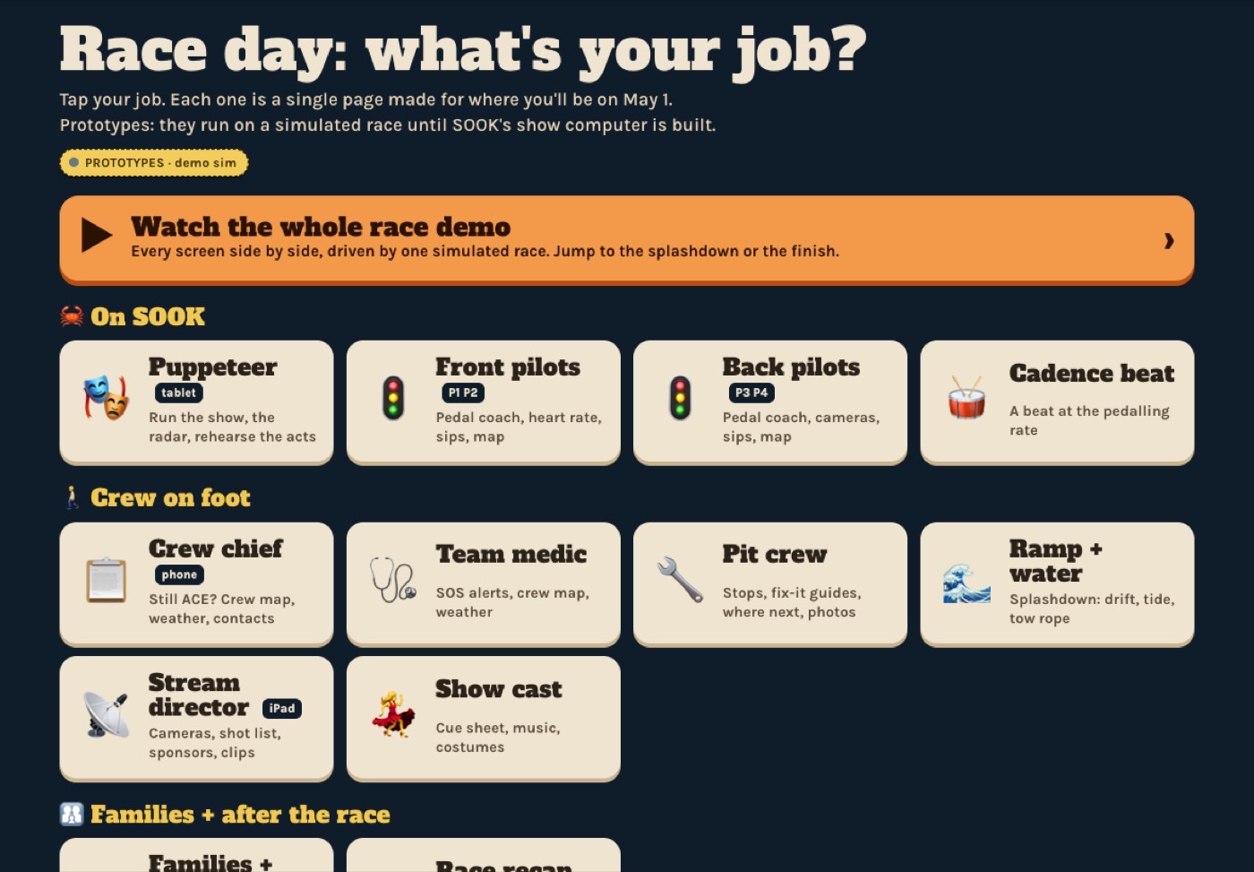 Screenshot: A screen titled "Race day: what's your job?" with big buttons for the puppeteer, front pilots, back pilots, crew chief, team medic, pit crew, ramp and water crew, stream director and show cast