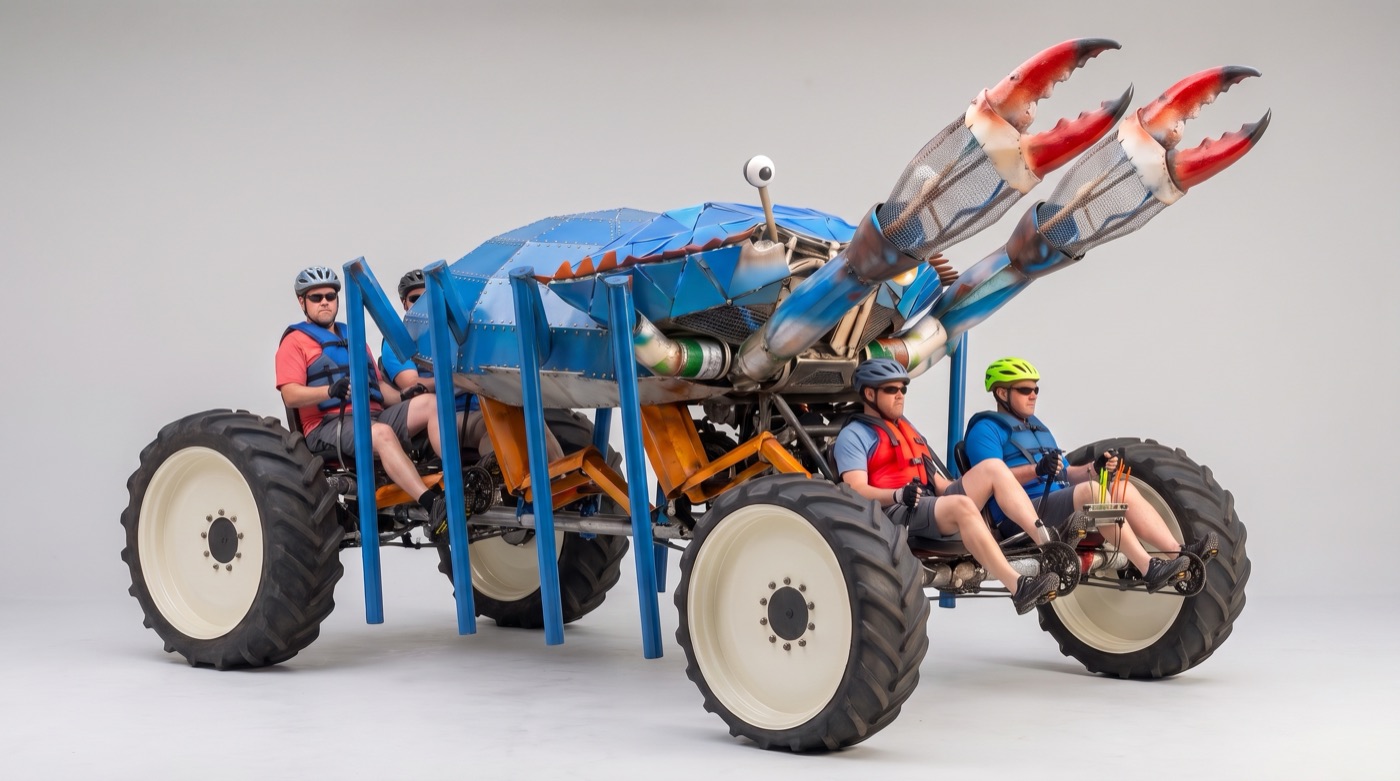 AI concept render: A long crab with the pilots in a line, two at the back and two at the front, and the crab's legs turned into straight blue poles