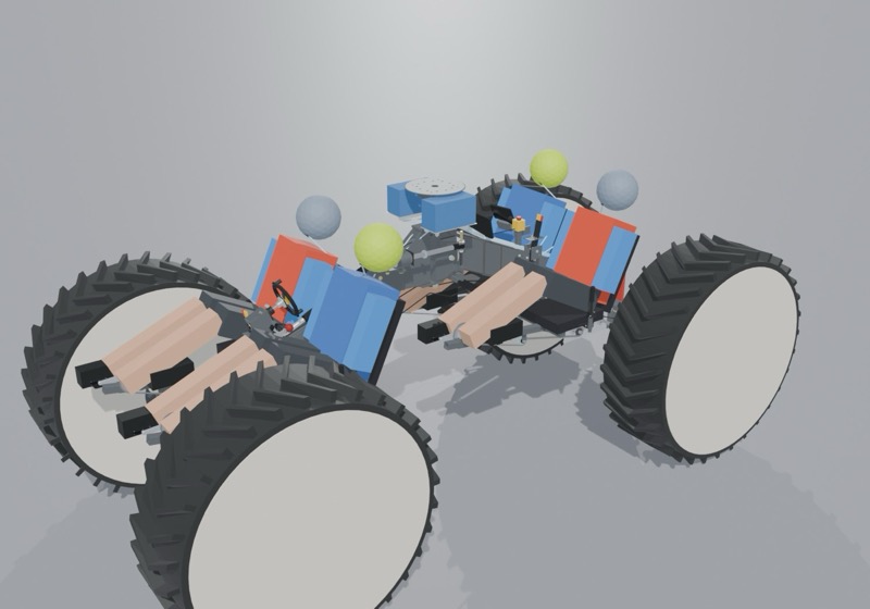 3D model render: a 3D computer model of SOOK's chassis: four big drum wheels, four seats and the drive parts