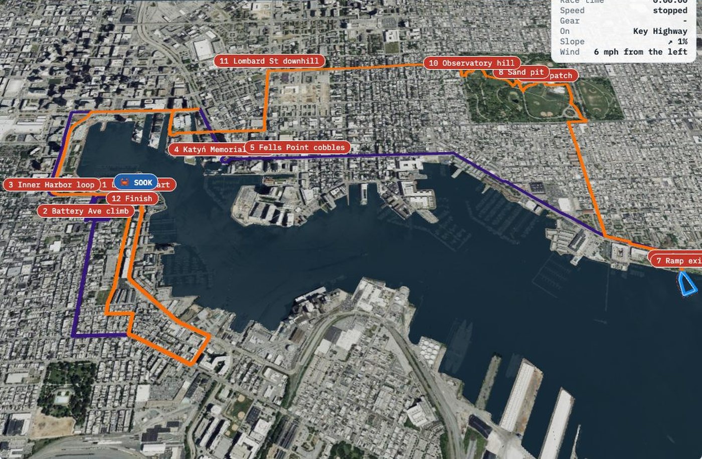 Screenshot: The race simulator's 3D map of Baltimore with SOOK's whole race route drawn around the harbour, from the start to the Canton ramp and the park