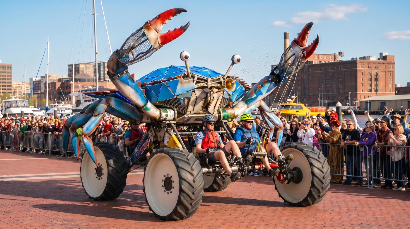 AI concept render: SOOK, the final picture: a big blue crab over four white drum wheels, with four pilots pedalling underneath